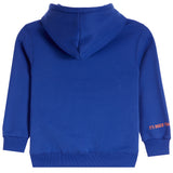A royal blue hooded sweatshirt shown from the back, featuring a small orange text graphic on the left sleeve cuff that reads 'IT'S BIGGER THAN BASKETBALL'.