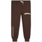 Dark brown sweatpants with white drawstrings, featuring 'BASKETBALL' printed in white on the upper right thigh and 'IT'S BIGGER THAN BASKETBALL' printed vertically in white on the lower left leg.