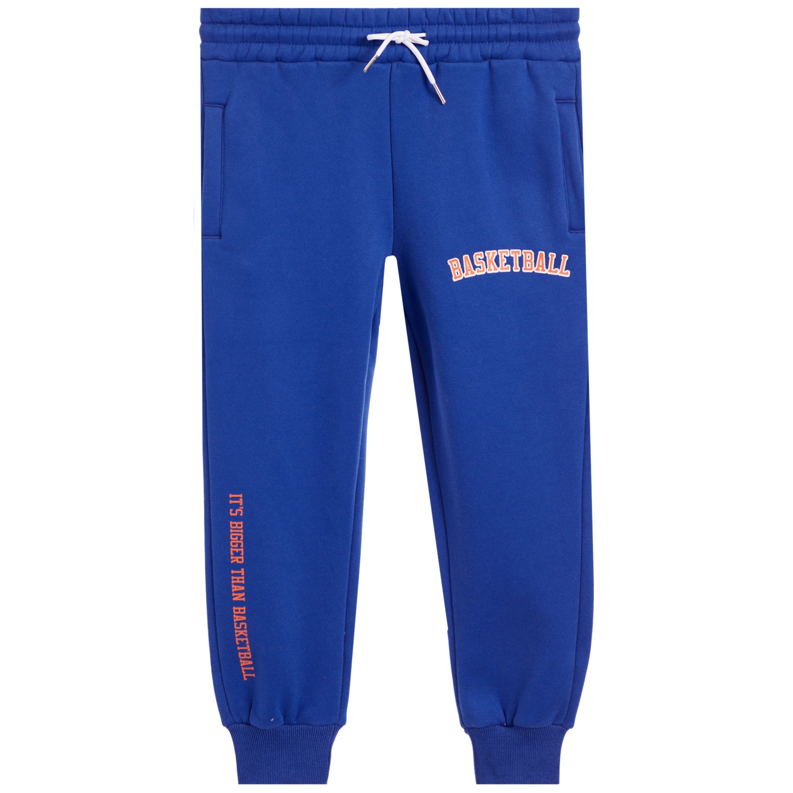 Blue sweatpants with 'BASKETBALL' printed in orange on the right thigh and 'IT'S BIGGER THAN BASKETBALL' printed vertically in orange on the left leg, featuring a white drawstring.
