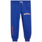 Blue sweatpants with 'BASKETBALL' printed in orange on the right thigh and 'IT'S BIGGER THAN BASKETBALL' printed vertically in orange on the left leg, featuring a white drawstring.