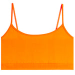 Bright orange ribbed knit camisole crop top with thin shoulder straps, shown flat against a solid white background.