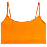 Bright orange ribbed knit camisole crop top with thin shoulder straps, shown flat against a solid white background.