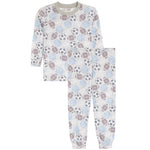 A two-piece children's pajama set featuring a long-sleeve top and matching pants with an all-over sports ball print. The pattern includes soccer balls, basketballs, footballs, and volleyballs in light blue, gray, and brown on an off-white background.