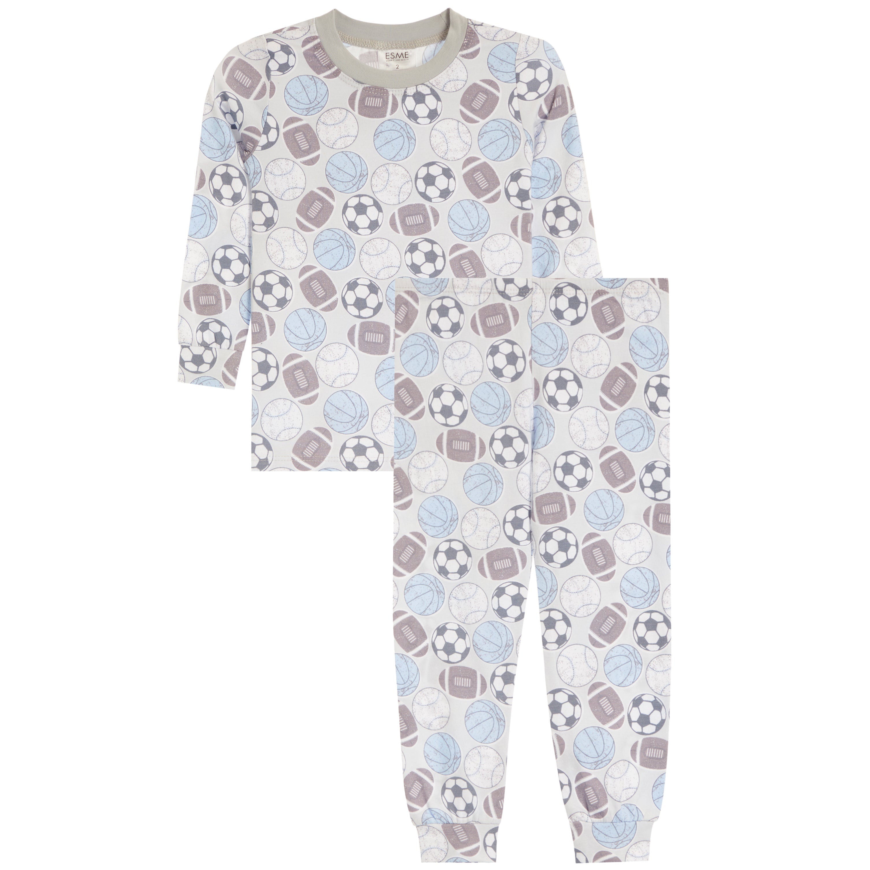A two-piece children's pajama set featuring a long-sleeve top and matching pants with an all-over sports ball print. The pattern includes soccer balls, basketballs, footballs, and volleyballs in light blue, gray, and brown on an off-white background.