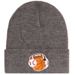 A dark heather gray knit beanie hat with a folded cuff, featuring an embroidered patch of sports balls including a basketball, football, baseball, and soccer on the front.
