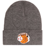 A dark heather gray knit beanie hat with a folded cuff, featuring an embroidered patch of sports balls including a basketball, football, baseball, and soccer on the front.