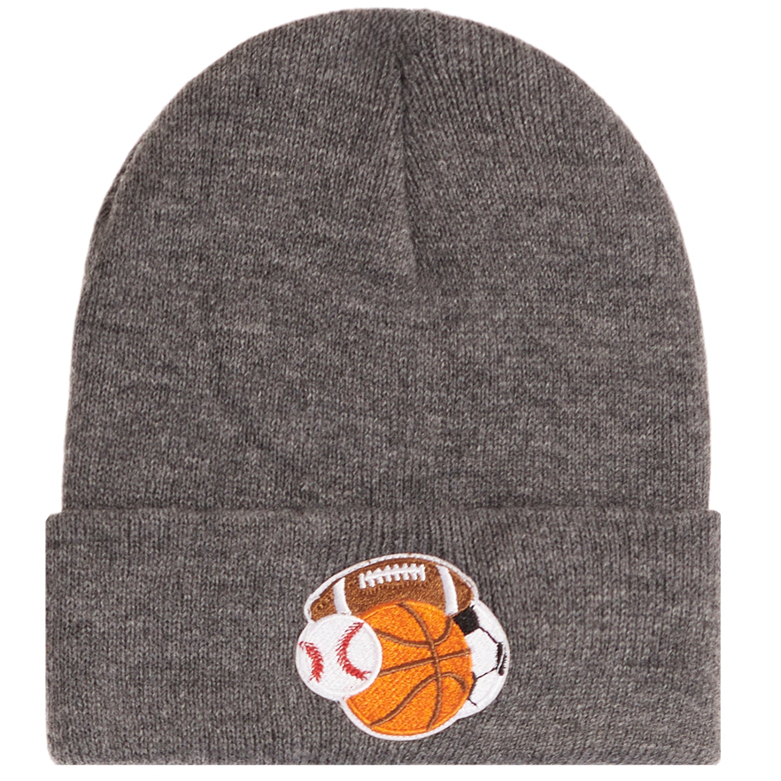 A dark heather gray knit beanie hat with a folded cuff, featuring an embroidered patch of sports balls including a basketball, football, baseball, and soccer on the front.