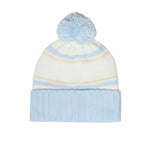 A light blue and white striped knit beanie with a fluffy light blue pom-pom on top, shown against a plain white background.
