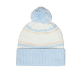 A light blue and white striped knit beanie with a fluffy light blue pom-pom on top, shown against a plain white background.