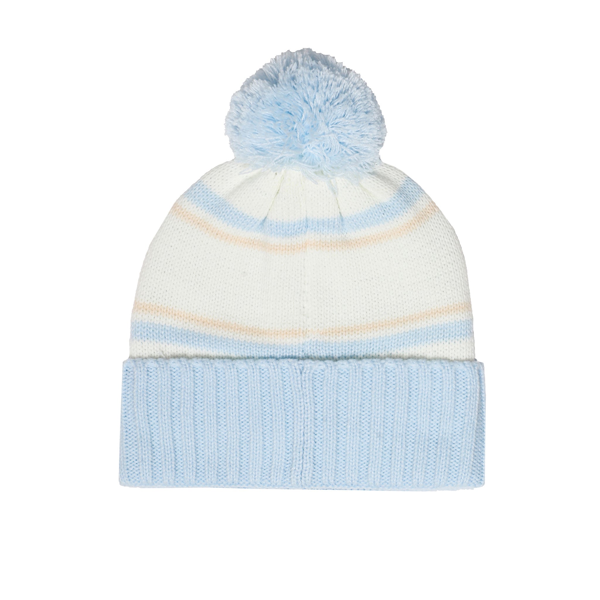 A light blue and white striped knit beanie with a fluffy light blue pom-pom on top, shown against a plain white background.
