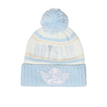 A light blue and white striped knit pom-pom beanie with 'BOYS LIE' embroidered on the side and a white cherub patch on the front cuff.
