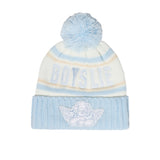 A light blue and white striped knit pom-pom beanie with 'BOYS LIE' embroidered on the side and a white cherub patch on the front cuff.