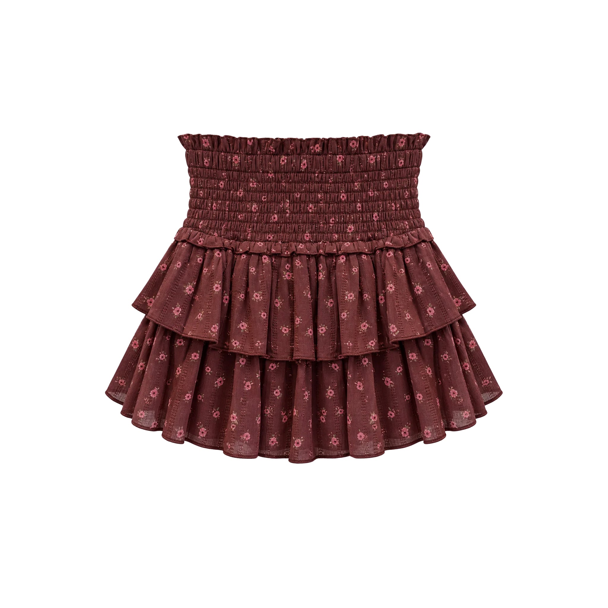 A tiered ruffle mini skirt in a dusty rose-brown color with a small pink floral pattern, featuring a smocked elastic waistband, shown against a plain white background.
