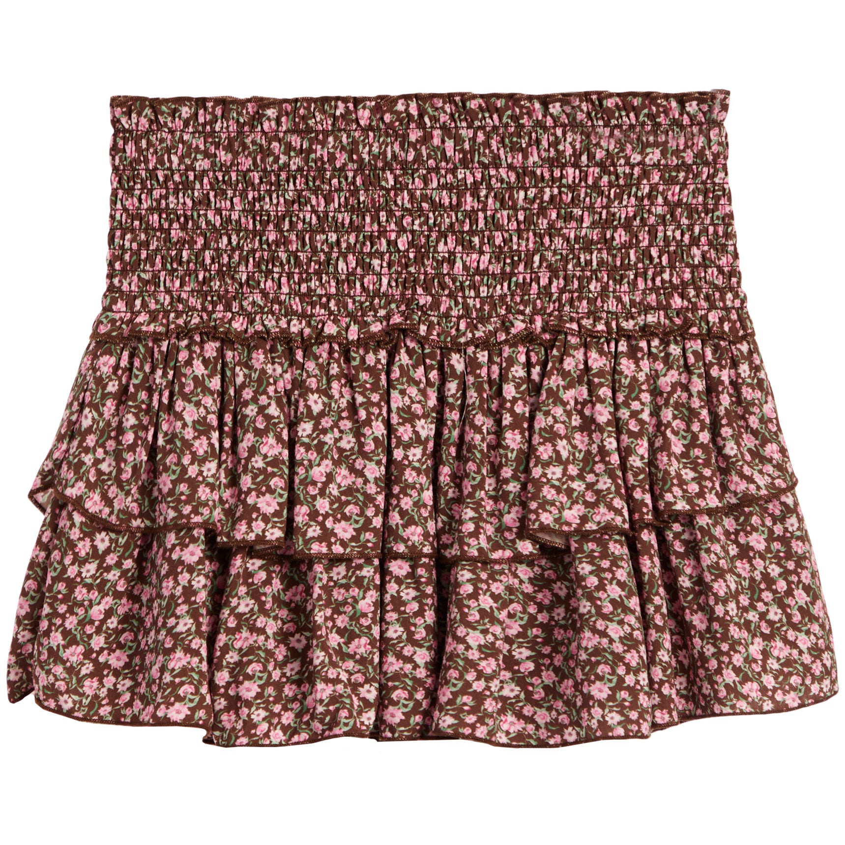 A smocked tiered ruffle mini skirt with a pink and brown floral pattern, shown flat against a white background.