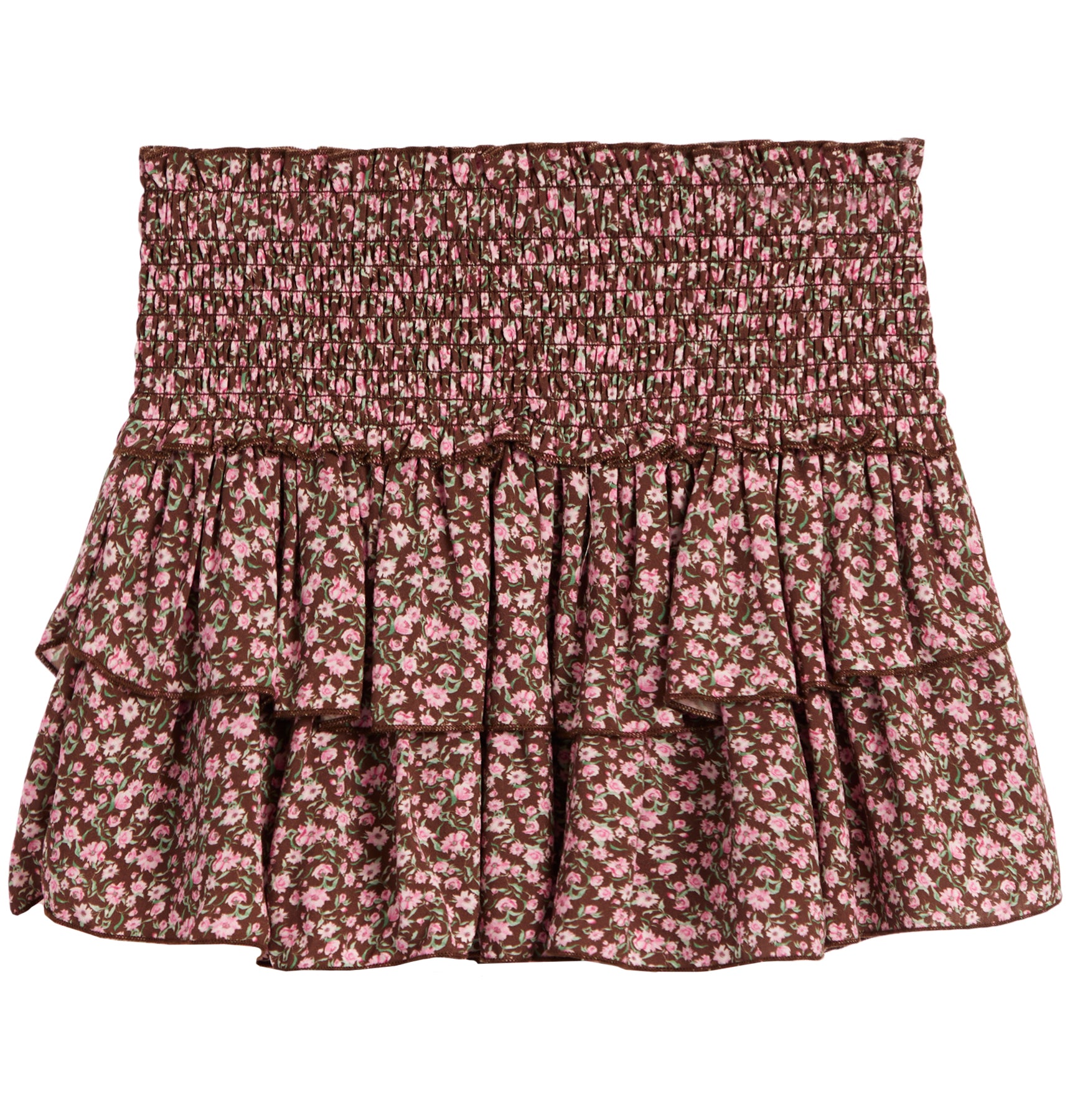 A smocked tiered ruffle mini skirt with a pink and brown floral pattern, shown flat against a white background.