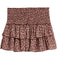 A smocked tiered ruffle mini skirt with a pink and brown floral pattern, shown flat against a white background.