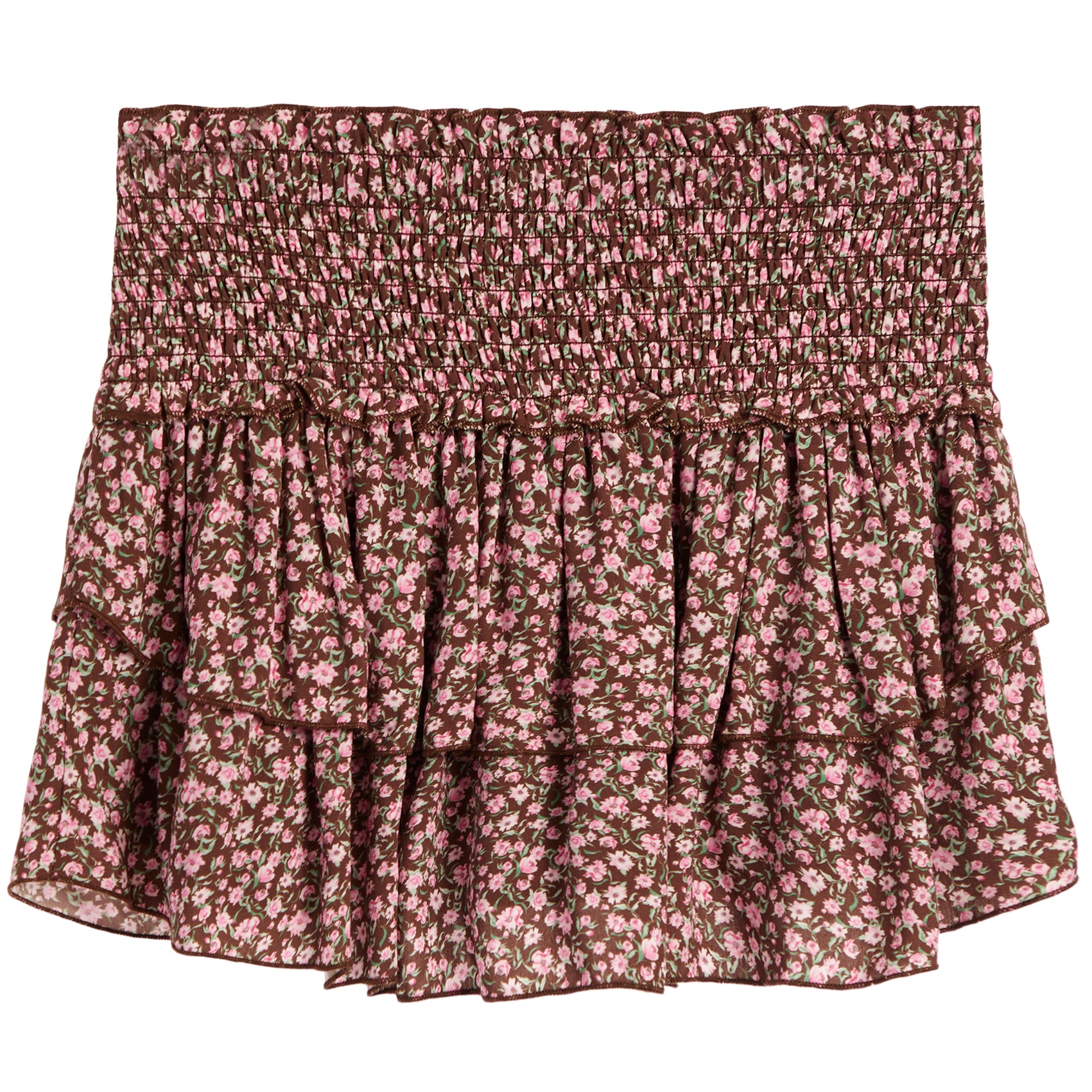 A smocked ruffled skirt with a pink and brown floral pattern, displayed flat against a white background.