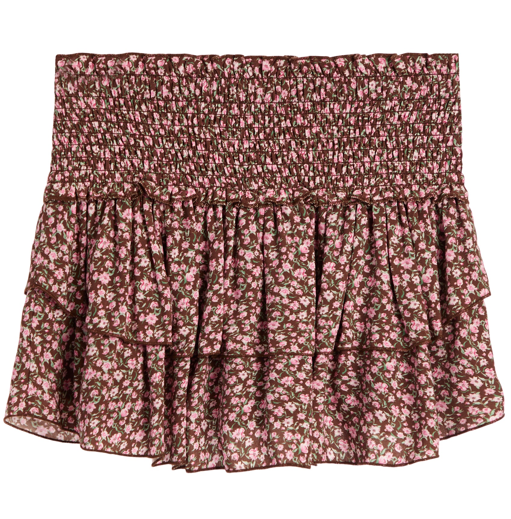 A smocked ruffled skirt with a pink and brown floral pattern, displayed flat against a white background.