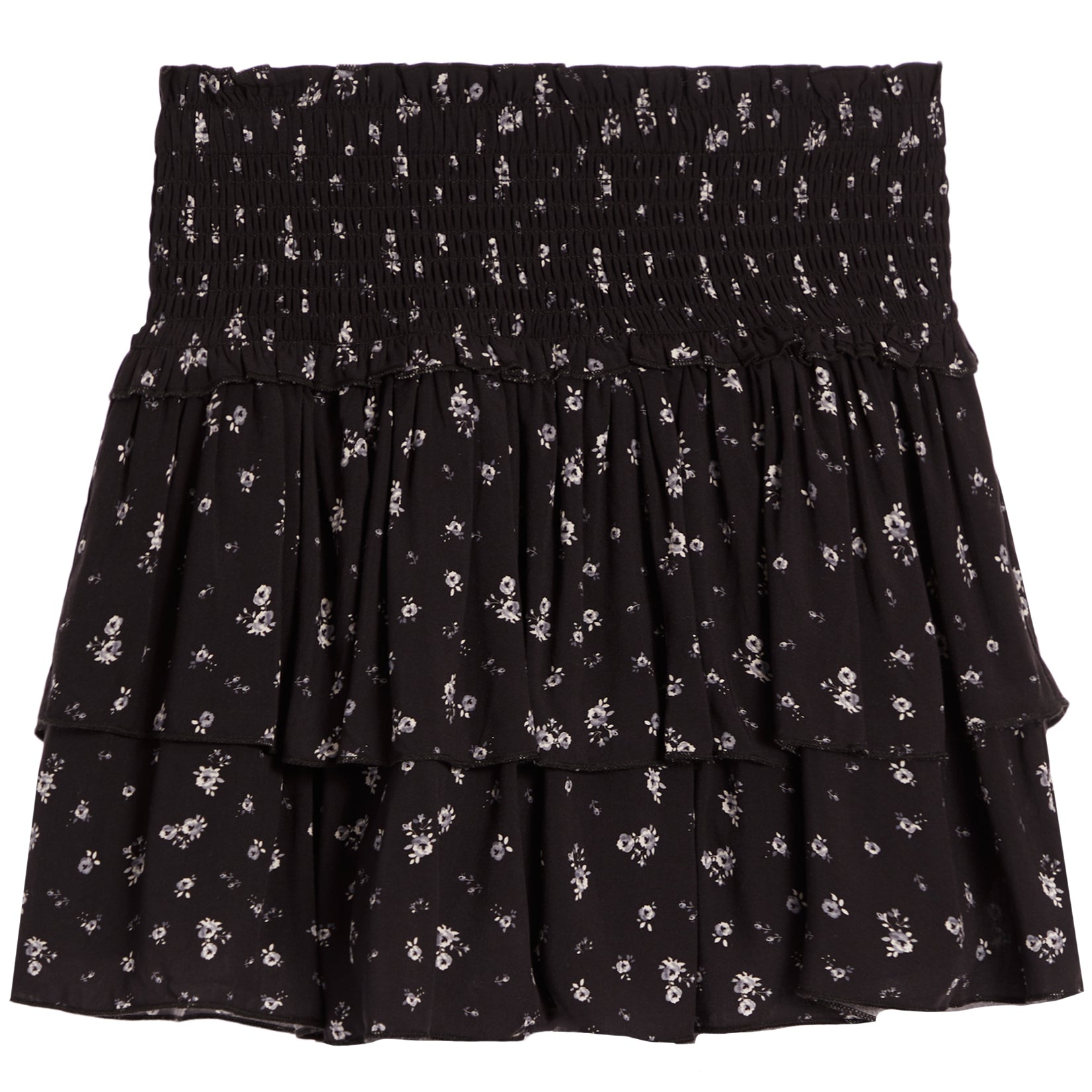 A black tiered ruffle mini skirt with a small white floral print, featuring a smocked elastic waistband.