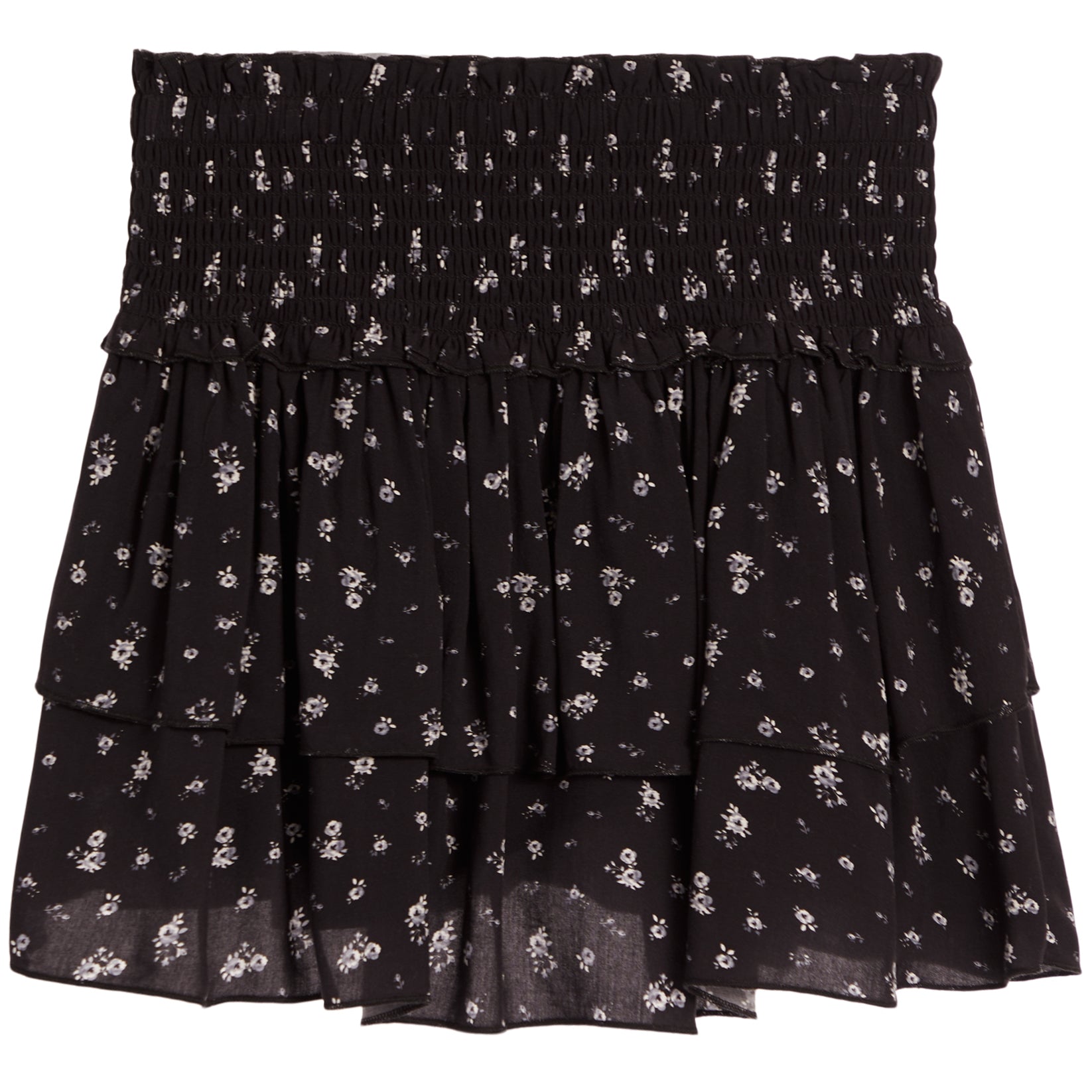 A black tiered ruffle mini skirt with a small white floral pattern, featuring a smocked elastic waistband.
