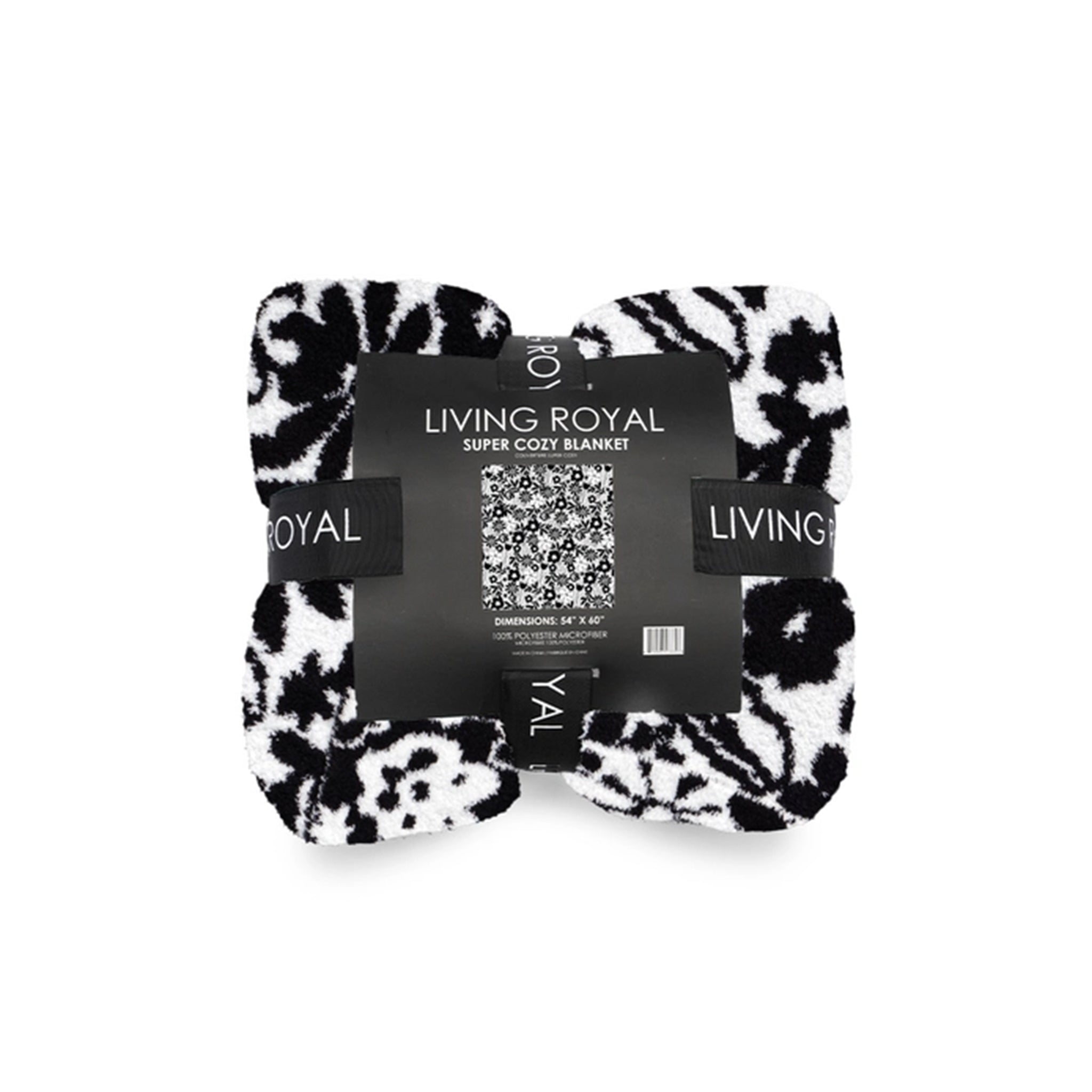 Black and white patterned blanket with 'Living Royal' branding on a white background