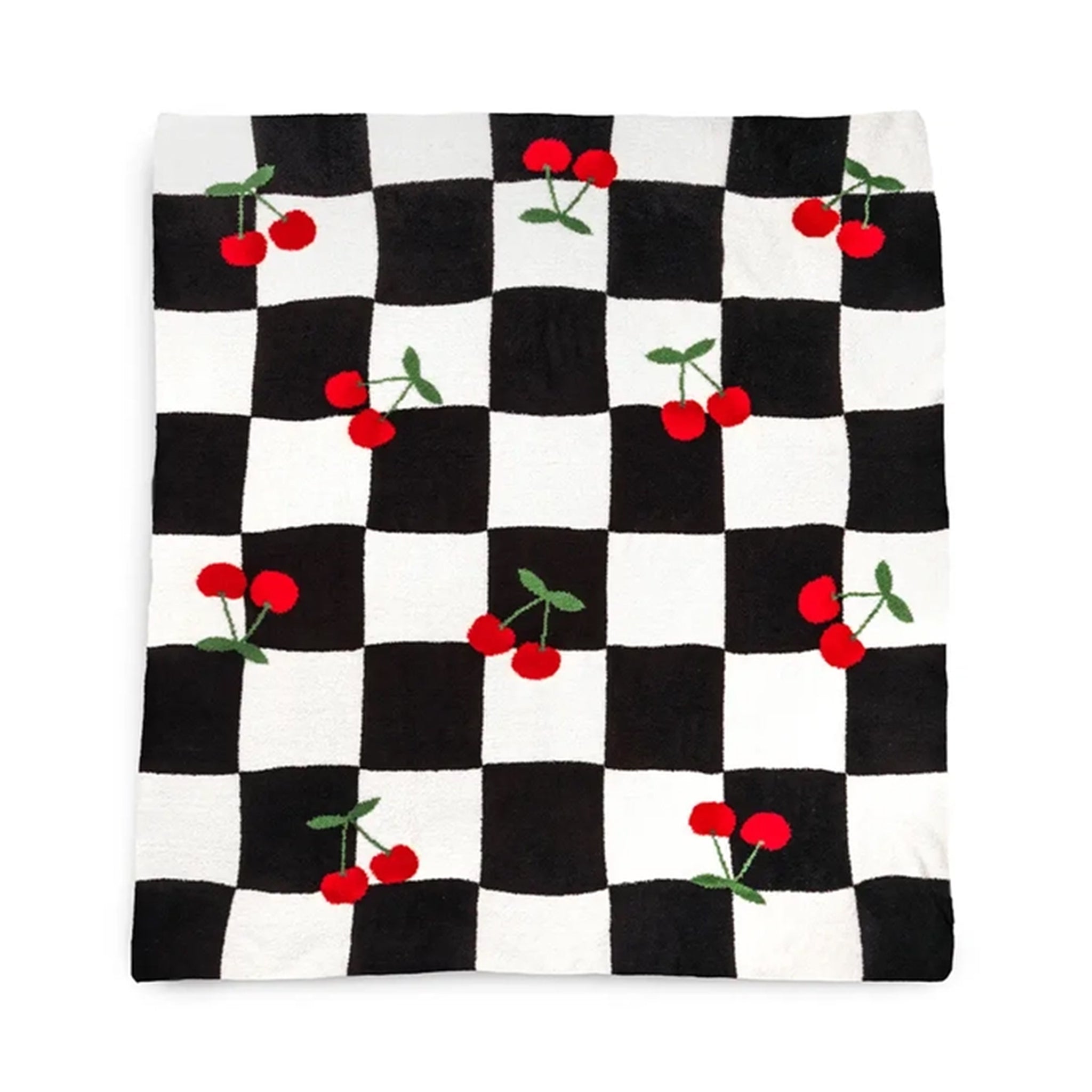 A square textile item, likely a napkin or small towel, featuring a black and white checkered pattern with embroidered red cherries and green leaves scattered across it, shown flat against a white background.