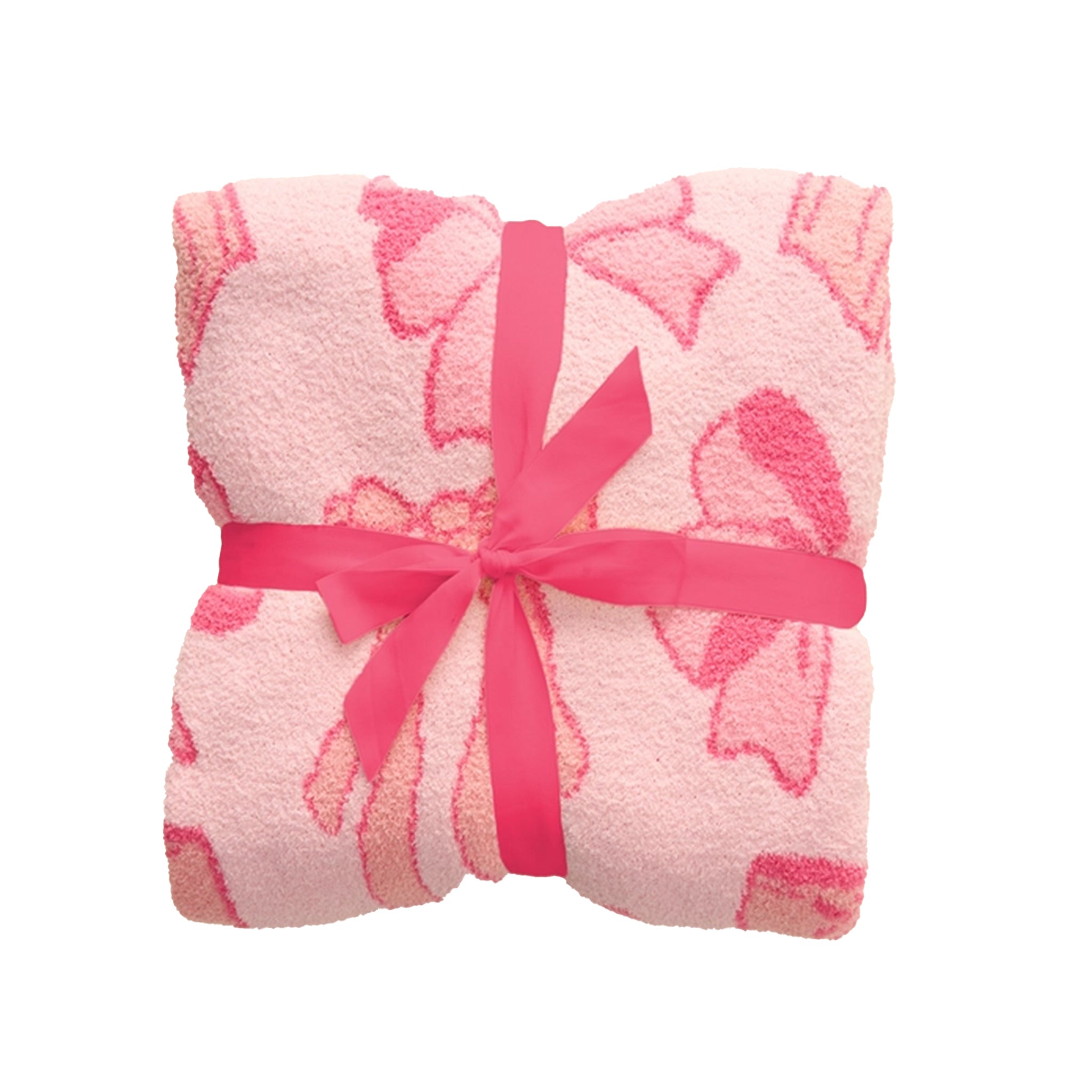A folded pink plush blanket with a darker pink bow pattern, wrapped in a bright pink ribbon tied into a bow, on a plain white background.