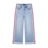 Light wash blue denim cropped jeans with red and white side stripes, shown flat against a white background.