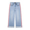 Light wash blue denim cropped jeans with red and white side stripes, shown flat against a white background.