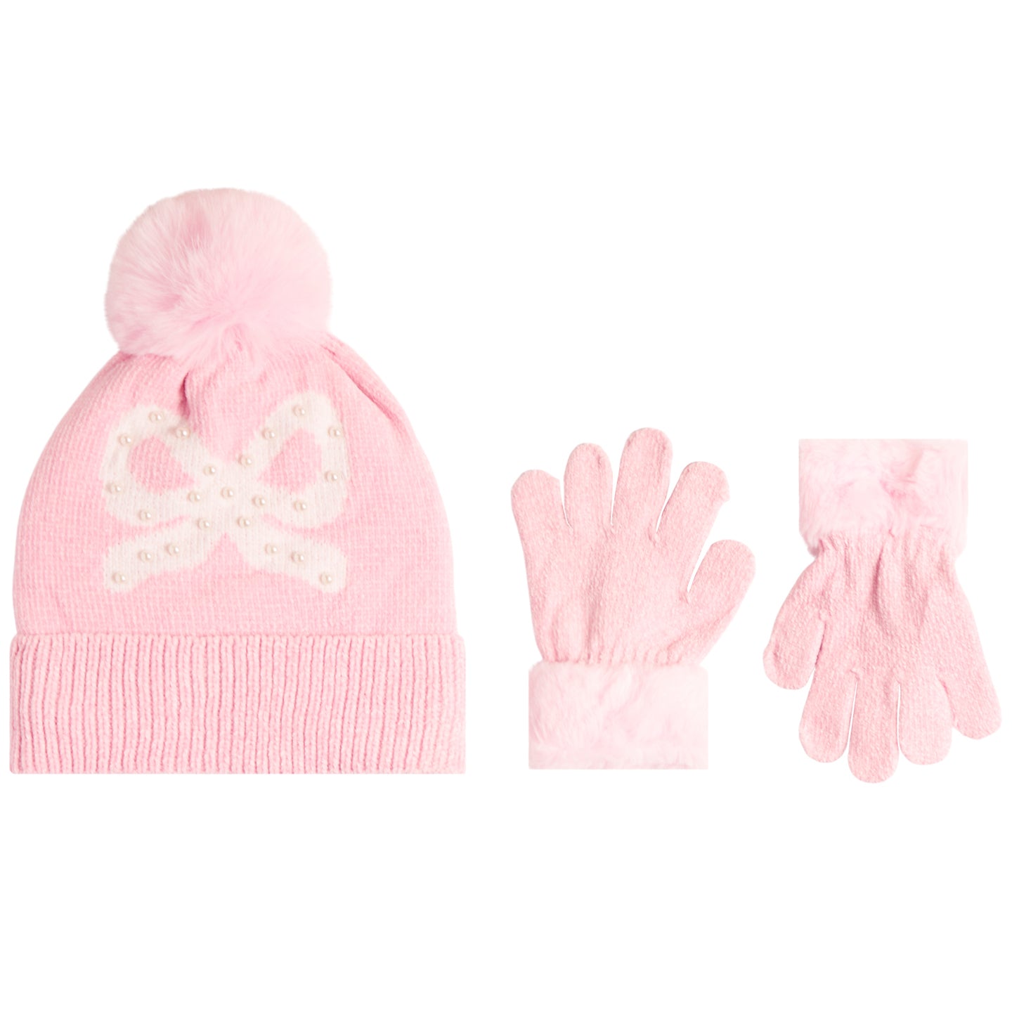 A pink knit winter hat with a fluffy pom-pom and a white bow motif embellished with small pearl-like beads, shown alongside matching pink gloves on a plain white background.