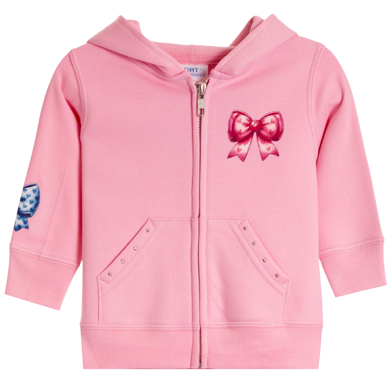 A pink zip-up hoodie for toddlers, featuring a large pink bow graphic on the left chest, a blue and white patterned patch on the right sleeve, and two front pockets with decorative stud details.