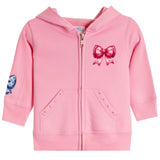 A pink zip-up hoodie for toddlers, featuring a large pink bow graphic on the left chest, a blue and white patterned patch on the right sleeve, and two front pockets with decorative stud details.