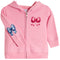 A pink zip-up hoodie for toddlers, featuring a large pink bow graphic on the left chest, a blue polka-dot bow on the right sleeve, and two front pockets with decorative studs.