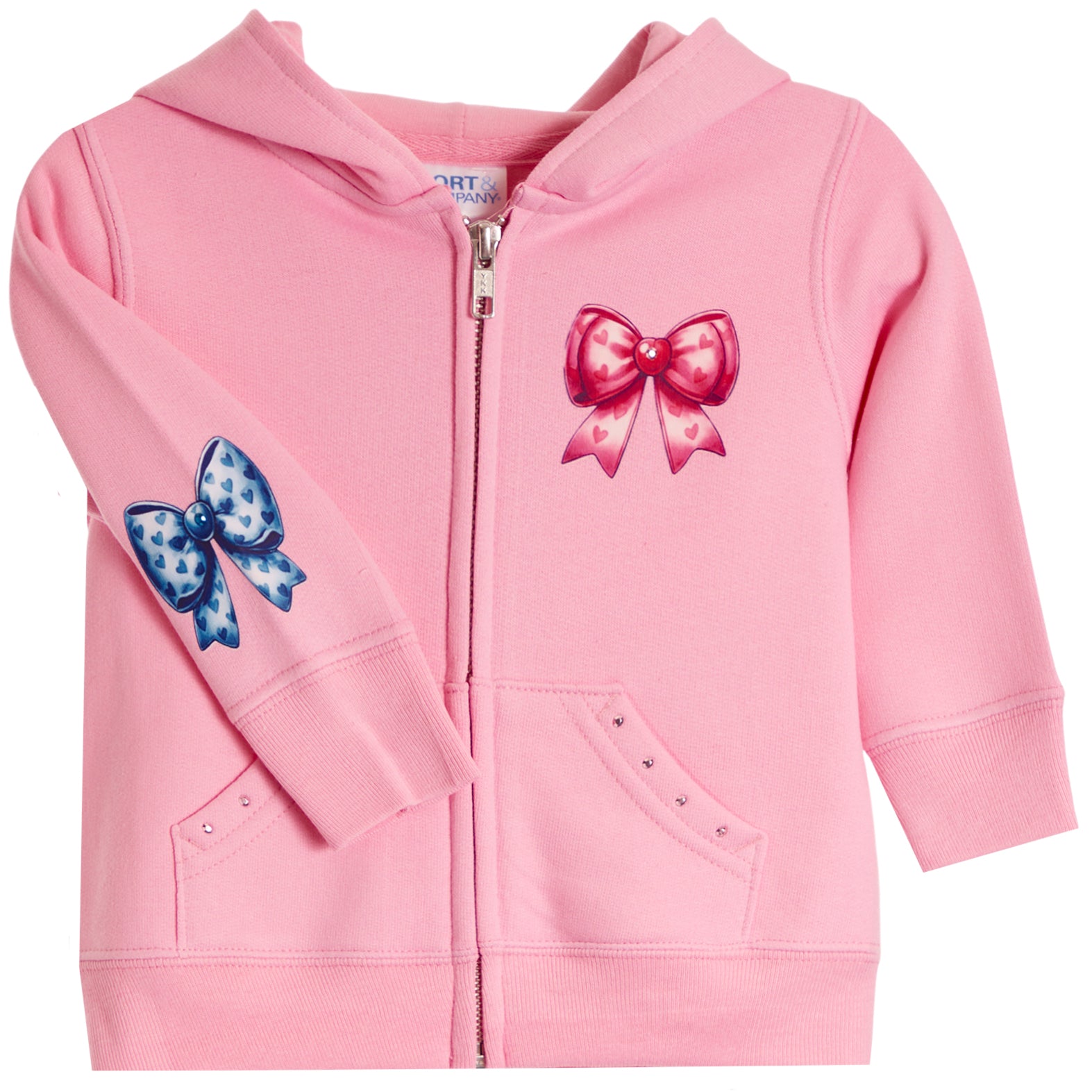 A pink zip-up hoodie for toddlers, featuring a large pink bow graphic on the left chest, a blue polka-dot bow on the right sleeve, and two front pockets with decorative studs.