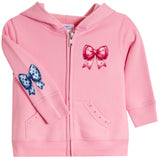 A pink zip-up hoodie for toddlers, featuring a large pink bow graphic on the left chest, a blue polka-dot bow on the right sleeve, and two front pockets with decorative studs.