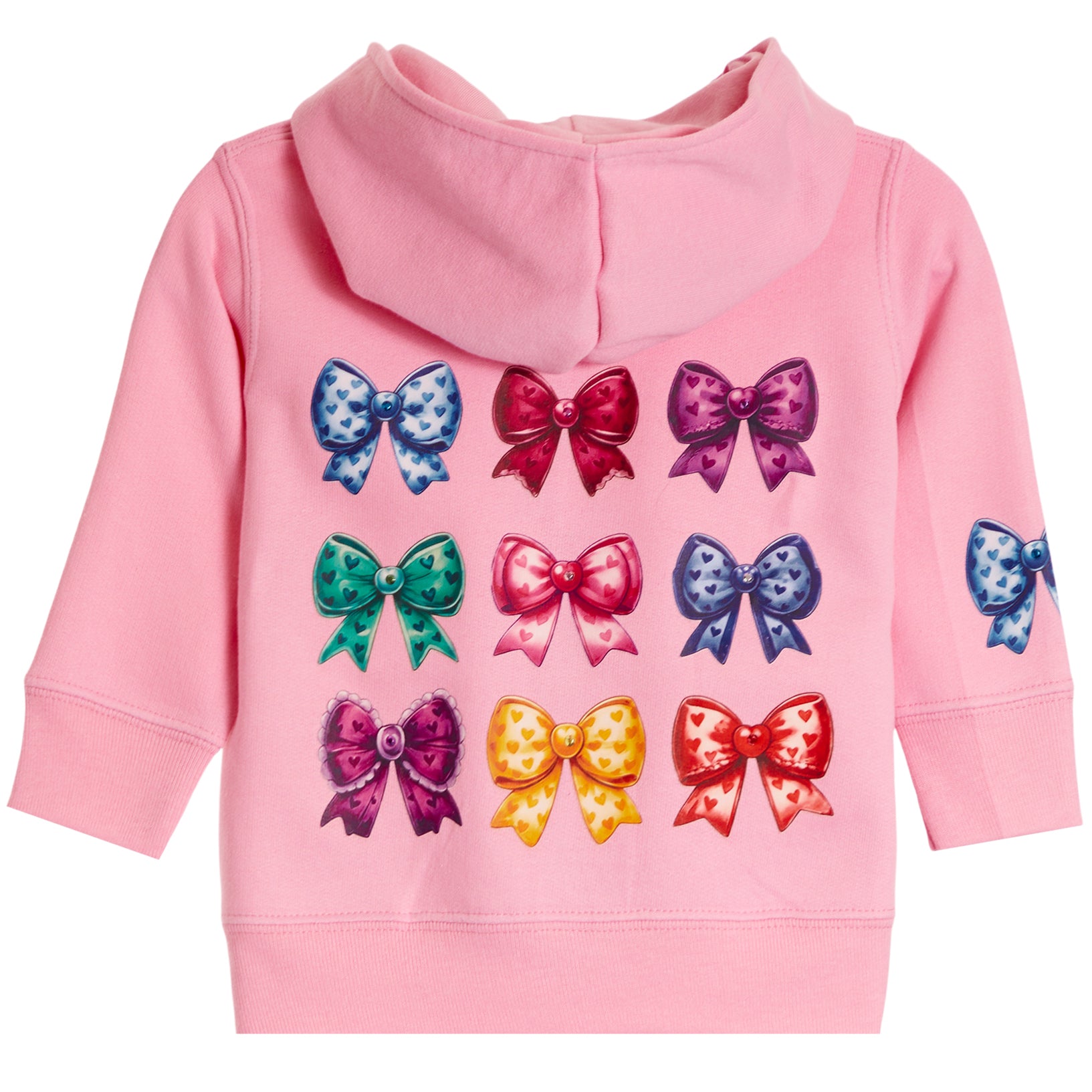 A pink long-sleeve hooded sweatshirt for a child, featuring a graphic print of nine colorful sequined bows on the back and a matching bow design on the sleeve.