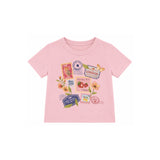 A light pink short-sleeve baby t-shirt with a colorful travel-themed graphic print featuring postage stamps, flowers, and a butterfly on a white background.