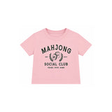 A light pink short-sleeve baby tee with a black graphic print on the front reading 'MAHJONG SOCIAL CLUB' and 'CRAKS, DOTS, BAMS'.
