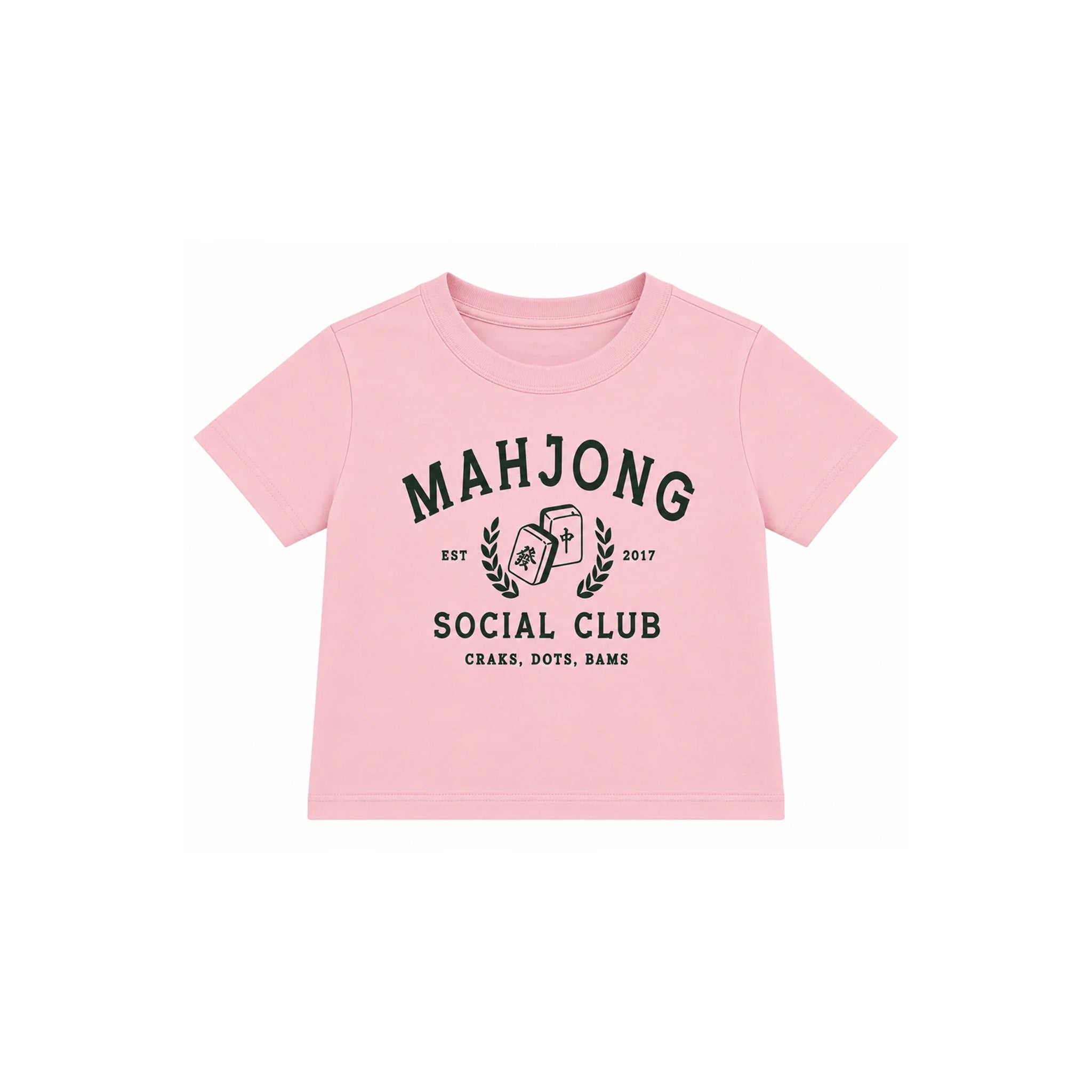 A light pink short-sleeve baby tee with a black graphic print on the front reading 'MAHJONG SOCIAL CLUB' and 'CRAKS, DOTS, BAMS'.