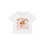white tee with checkered print with hot chocolate graphic