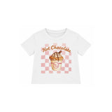 white tee with checkered print with hot chocolate graphic