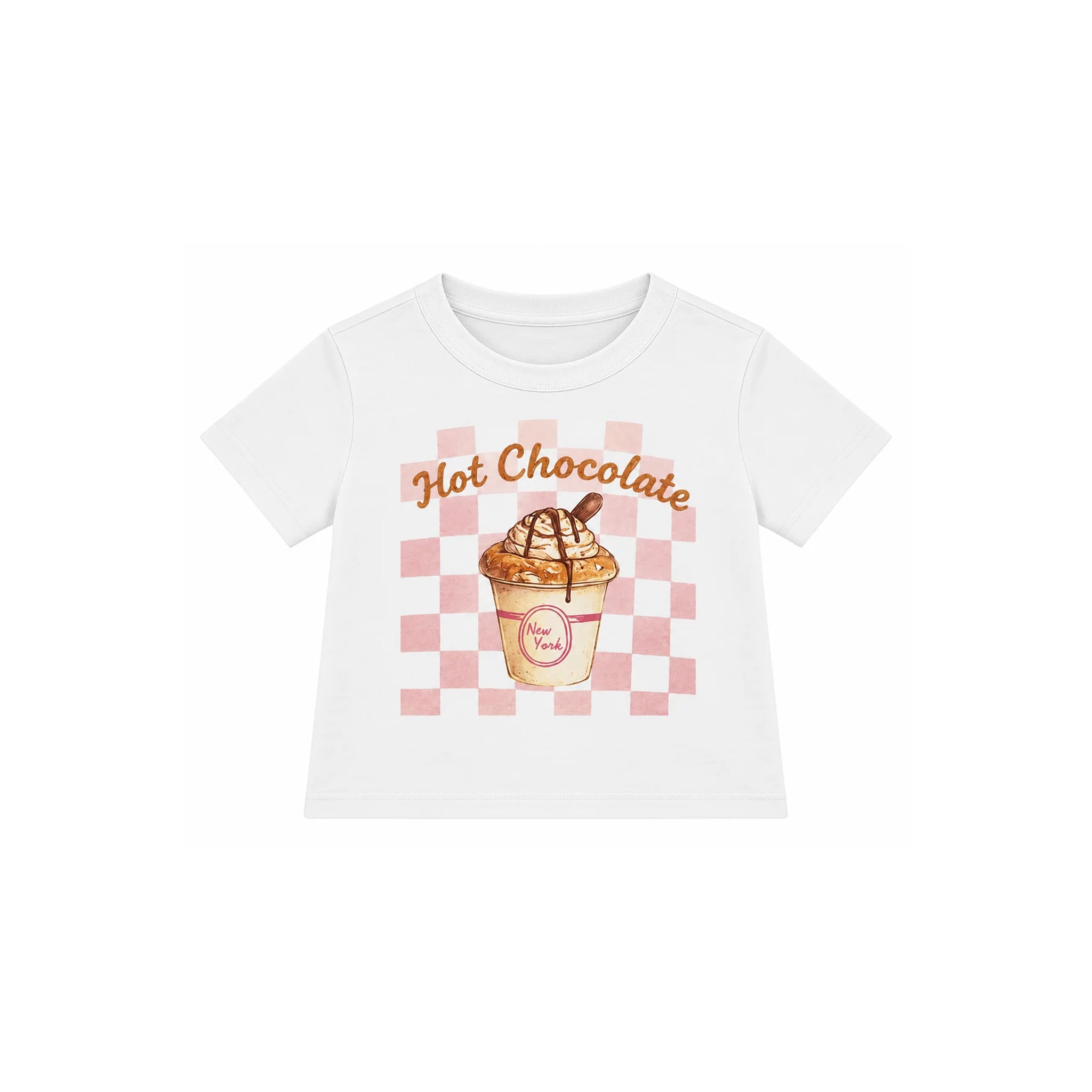 white tee with checkered print with hot chocolate graphic