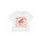white tee with checkered print with hot chocolate graphic