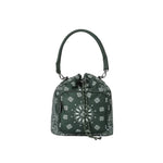 A dark green drawstring bucket bag with a white bandana-style floral and medallion pattern, featuring a single shoulder strap and a front zippered pocket, shown against a plain white background.