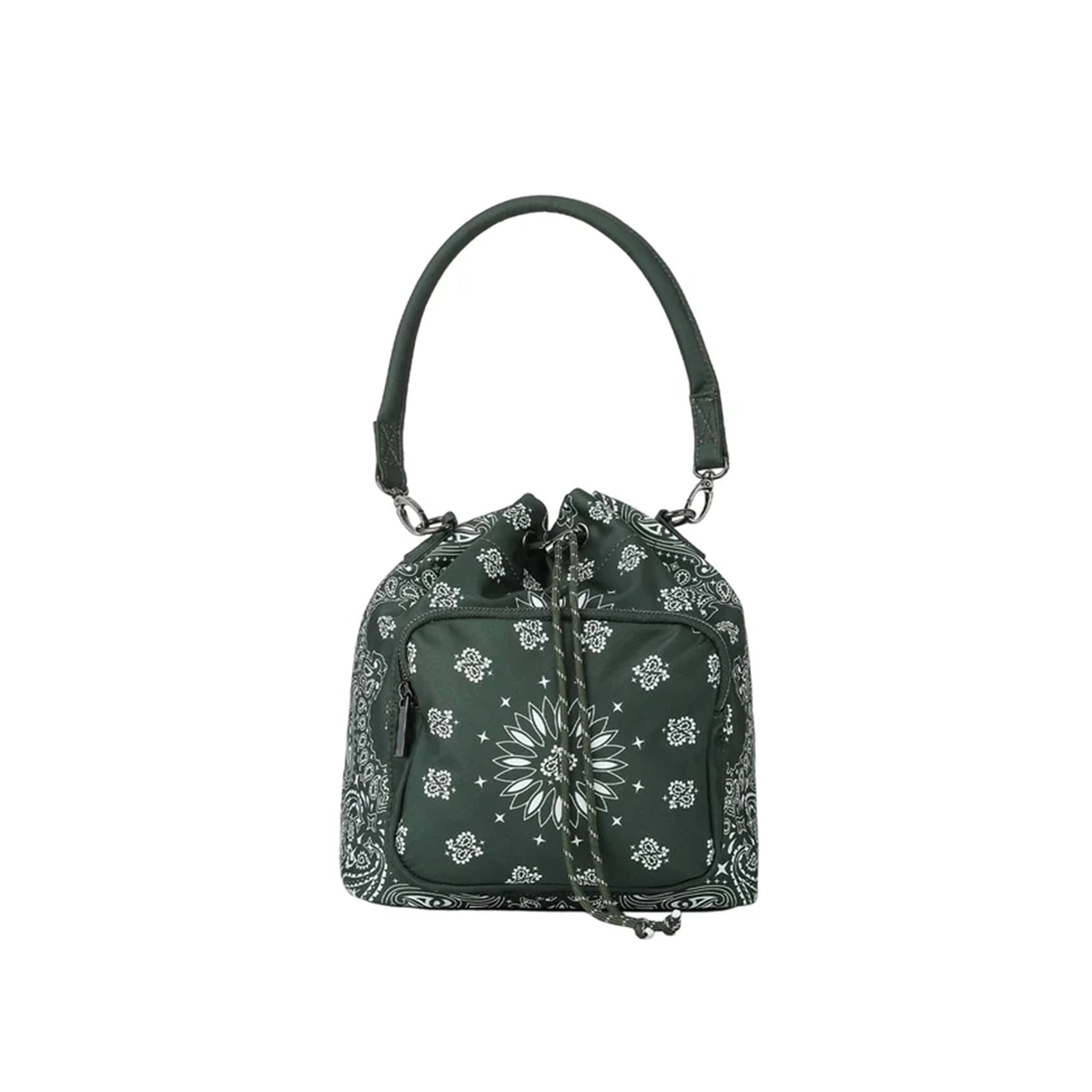 A dark green drawstring bucket bag with a white bandana-style floral and medallion pattern, featuring a single shoulder strap and a front zippered pocket, shown against a plain white background.