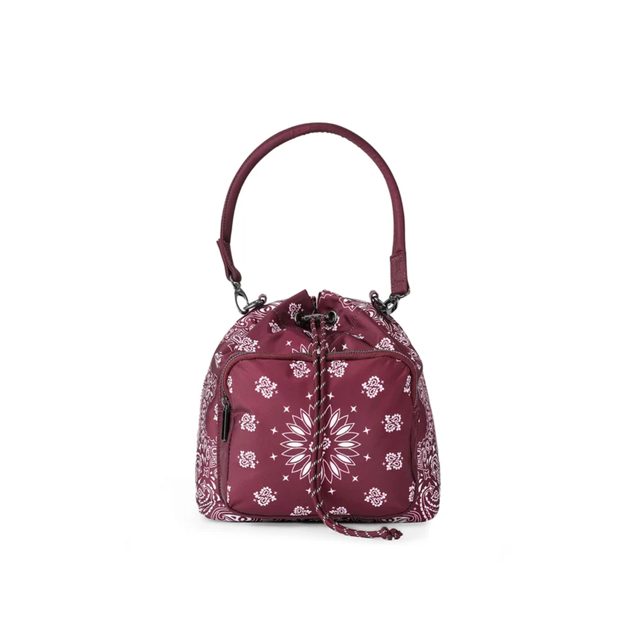A burgundy drawstring bucket bag with a white floral bandana print, featuring a top handle and a front zippered pocket, shown on a plain white background.