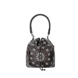 A black bucket bag with a white bandana print pattern, featuring a top handle, drawstring closure, and a front zippered pocket, shown against a plain white background.