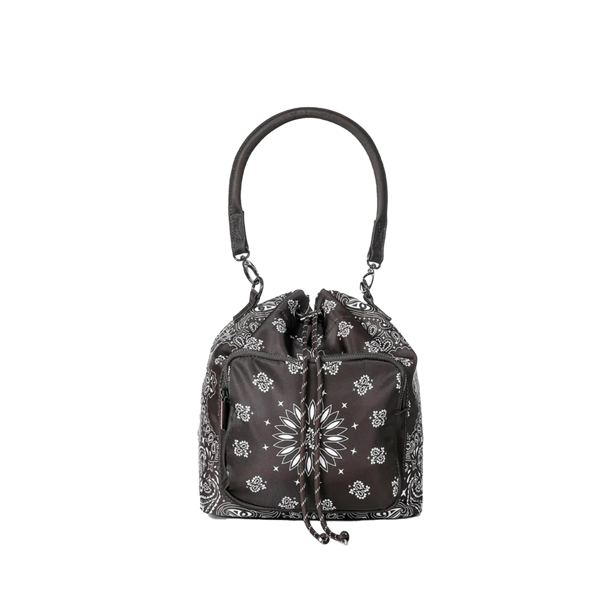 A black bucket bag with a white bandana print pattern, featuring a top handle, drawstring closure, and a front zippered pocket, shown against a plain white background.