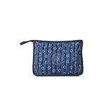 A navy blue quilted pouch with white bandana-style floral and medallion patterns, featuring a top zipper and pull tab, shown against a plain white background.