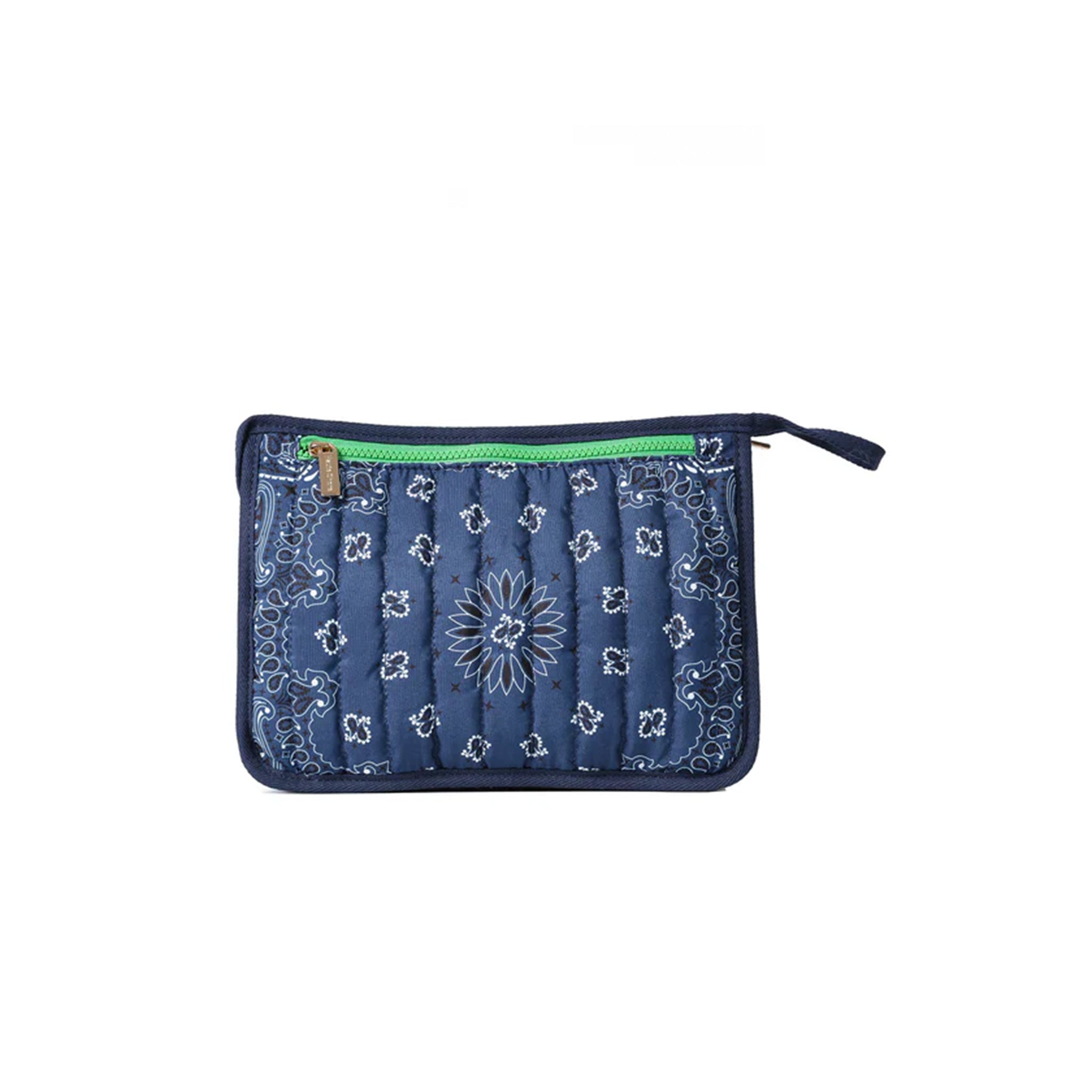 A navy blue quilted zippered pouch featuring a white bandana paisley pattern, a bright green zipper, and a small gold zipper pull, shown against a plain white background. 